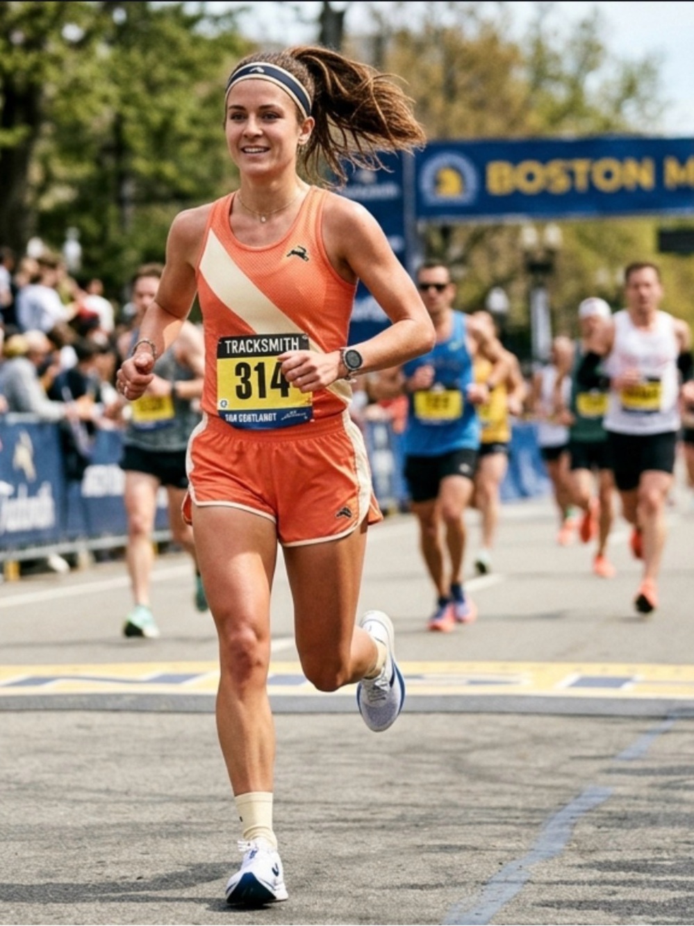 Tracksmith Van Cortlandt Coral and Cream Running Tank and shorts